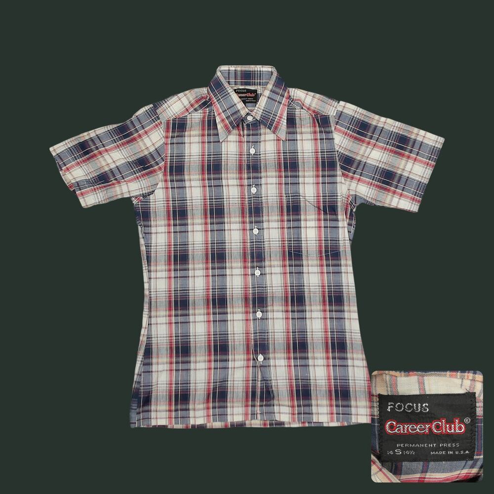 Vintage 70s Career Club Focus Plaid Button Up Shirt Mens Small